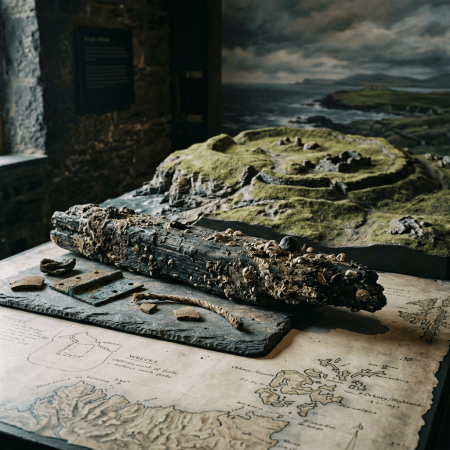 Barnacle-covered wreck fragment displayed over a map labeled WRECKS