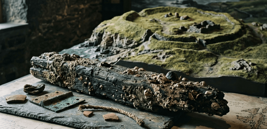 Barnacle-covered wreck fragment displayed over a map labeled WRECKS