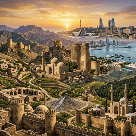 Historical Azerbaijan landscape collage