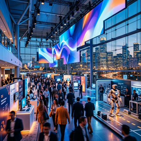 Crowded technology expo with robotics displays and colorful digital screens