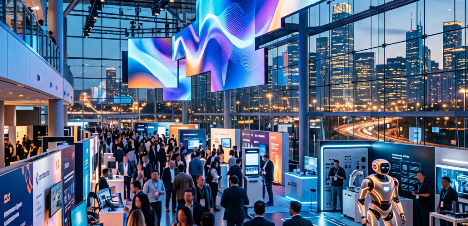 Crowded technology expo with robotics displays and colorful digital screens
