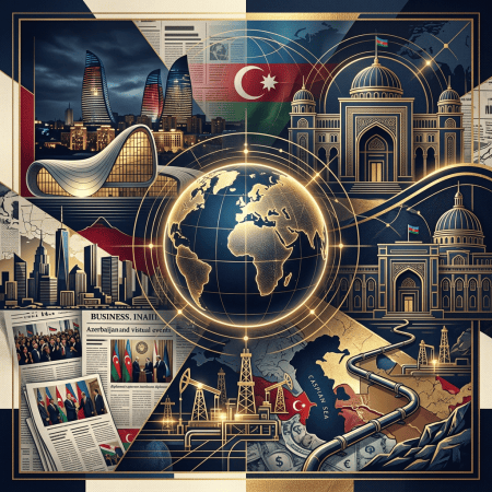 Illustrated Azerbaijan collage with Baku skyline, flag, mosque, globe, Caspian Sea, and oil infrastructure