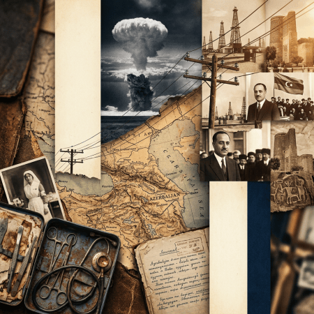 Collage of Azerbaijan map, oil derricks, historical portraits, wartime explosion, and medical tools