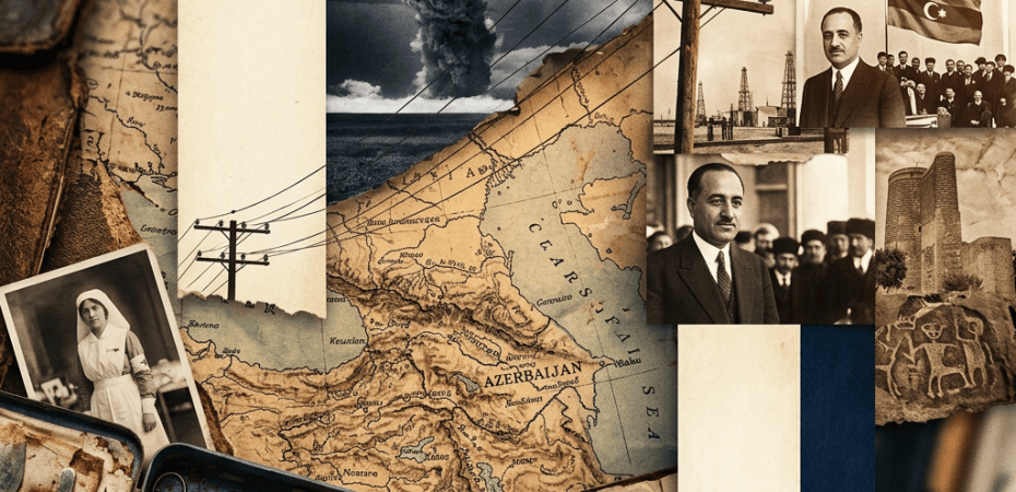 Collage of Azerbaijan map, oil derricks, historical portraits, wartime explosion, and medical tools