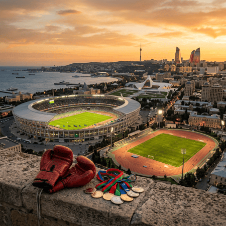 Boxing gloves and medals overlooking Baku stadiums at sunset