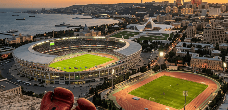 Boxing gloves and medals overlooking Baku stadiums at sunset