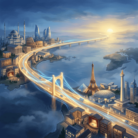 Futuristic cityscape with global landmarks connected by illuminated bridges