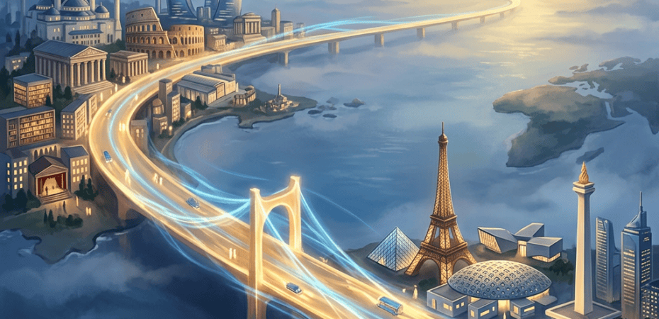 Futuristic cityscape with global landmarks connected by illuminated bridges