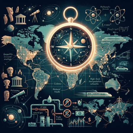 Illustrated world map with compass, scientific symbols, trade routes, energy infrastructure, and transportation networks