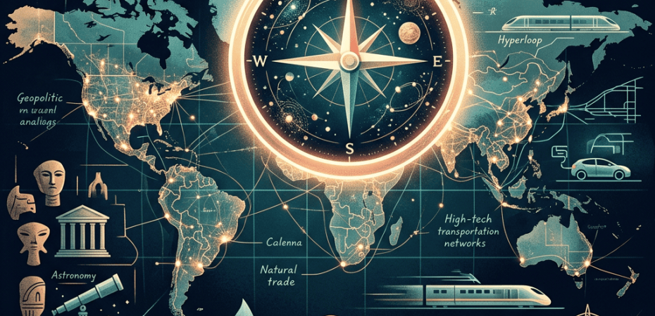 Illustrated world map with compass, scientific symbols, trade routes, energy infrastructure, and transportation networks