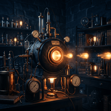 Vintage experimental machine glowing in a dark laboratory with gauges and brass fittings