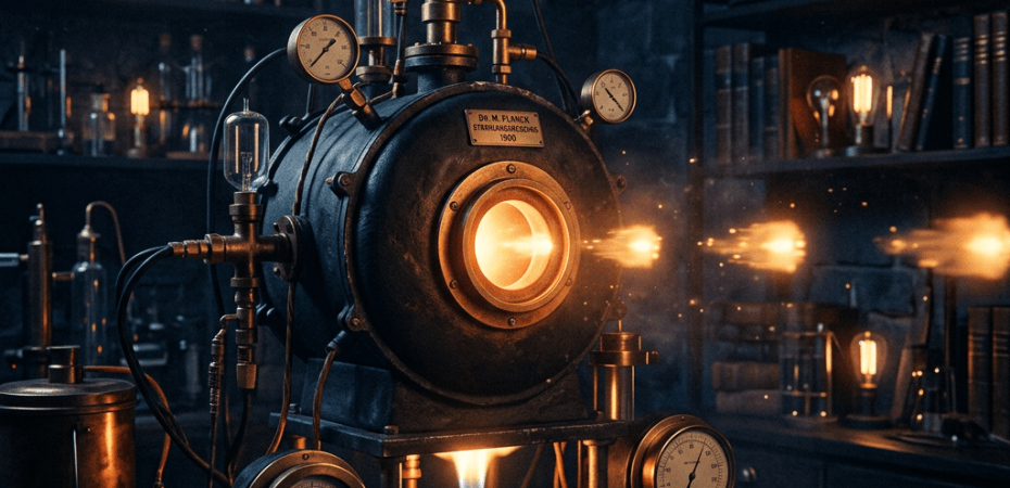 Vintage experimental machine glowing in a dark laboratory with gauges and brass fittings