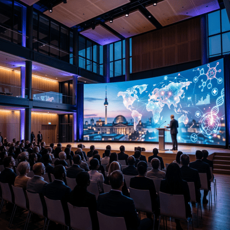 Speaker presenting global health technology map to an audience
