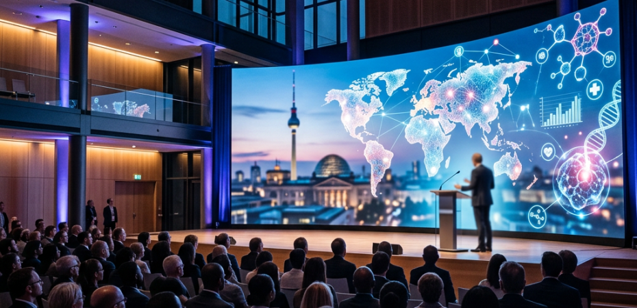 Speaker presenting global health technology map to an audience