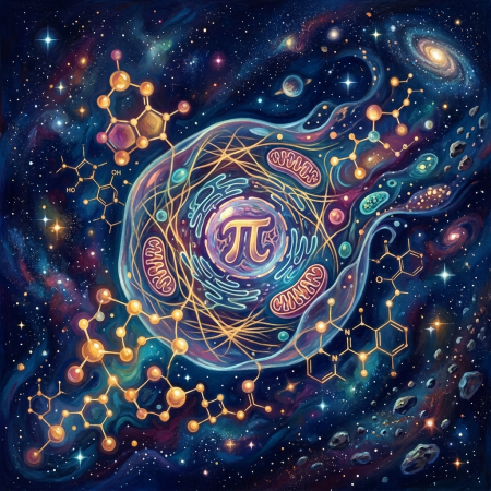 Stylized cell surrounded by molecular structures, stars, galaxies, and asteroids