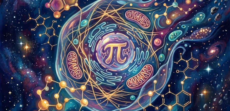 Stylized cell surrounded by molecular structures, stars, galaxies, and asteroids