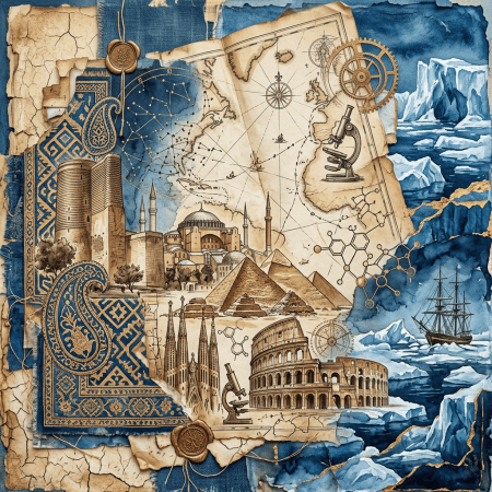 Illustrated collage of ancient landmarks, maps, scientific instruments, constellations, and icy seas