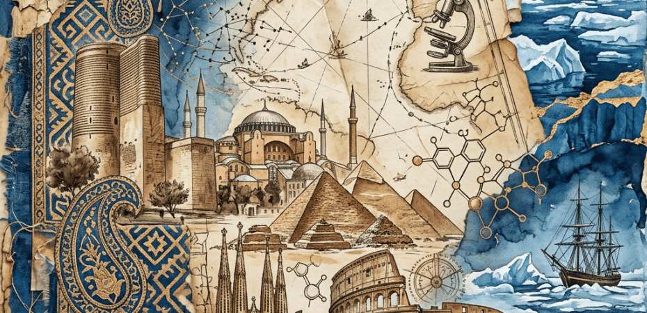 Illustrated collage of ancient landmarks, maps, scientific instruments, constellations, and icy seas