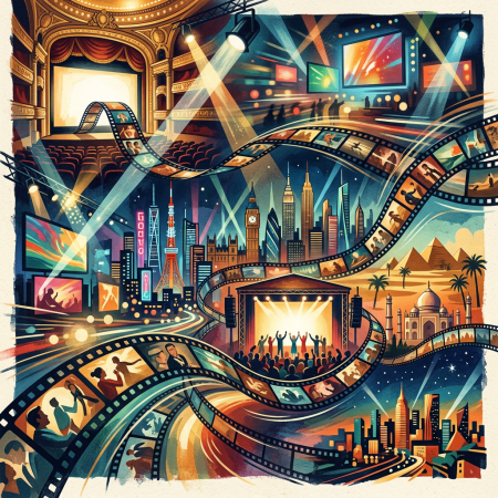 Film reels weave through theaters, stages, landmarks, and global city skylines