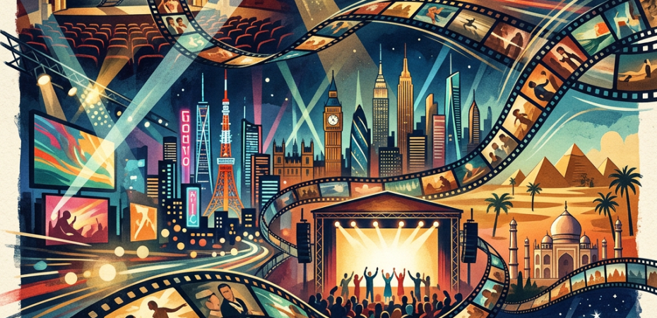 Film reels weave through theaters, stages, landmarks, and global city skylines