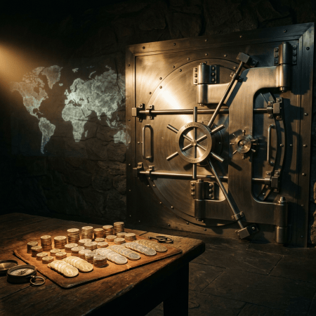 Stacks of coins on a table beside a large vault door and world map