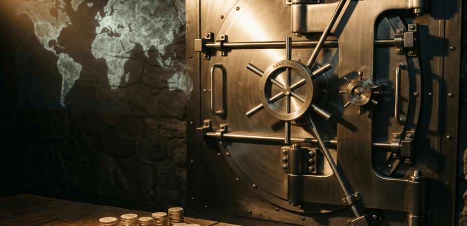 Stacks of coins on a table beside a large vault door and world map