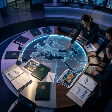 Analysts examining a glowing digital map of Europe and regional charts