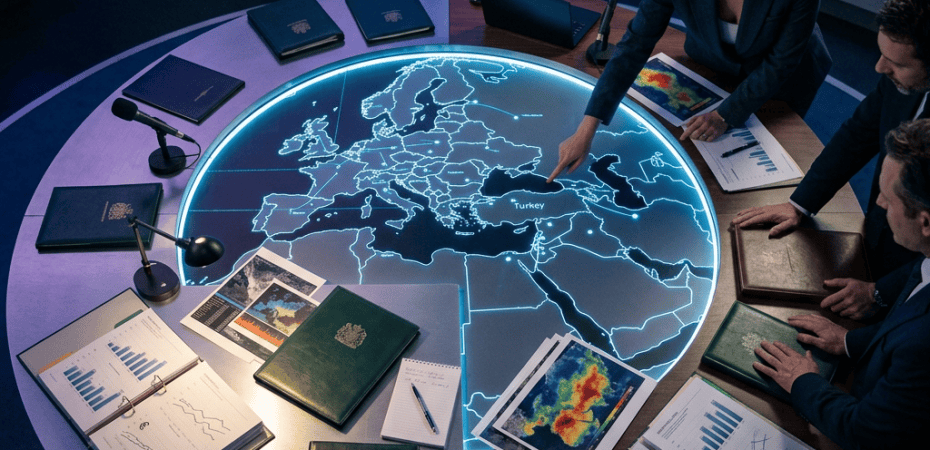 Analysts examining a glowing digital map of Europe and regional charts