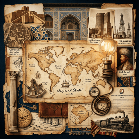 Collage with world map labeled Magellan Strait, Azerbaijan heritage, oil derricks, and historical artifacts