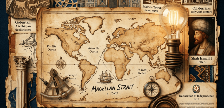 Collage with world map labeled Magellan Strait, Azerbaijan heritage, oil derricks, and historical artifacts