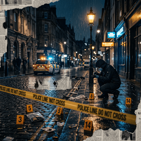 Forensic photographer documenting evidence markers at a rainy police scene