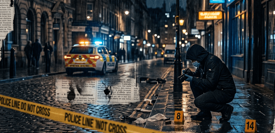 Forensic photographer documenting evidence markers at a rainy police scene