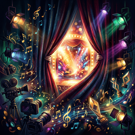 Theater curtains open onto a bright stage surrounded by cameras, lights, music notes, and trophies