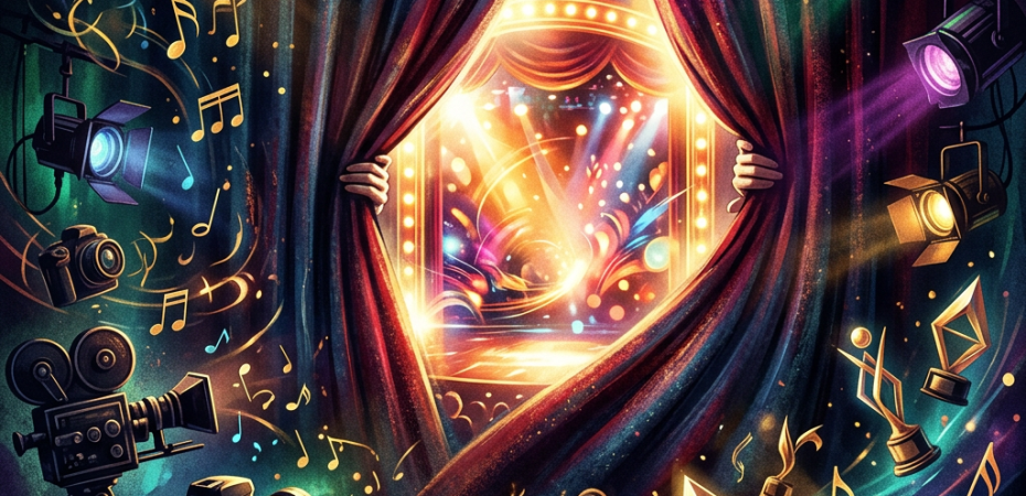 Theater curtains open onto a bright stage surrounded by cameras, lights, music notes, and trophies