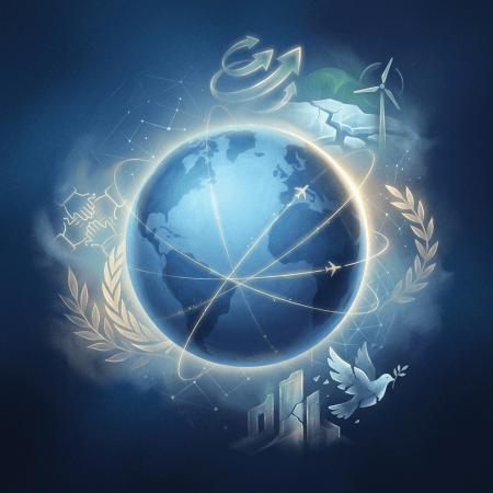 Glowing Earth surrounded by travel routes, renewable energy, peace, and cooperation symbols