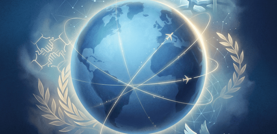 Glowing Earth surrounded by travel routes, renewable energy, peace, and cooperation symbols