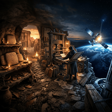 Scholar printing ancient inscriptions in a cave beside Earth and a satellite