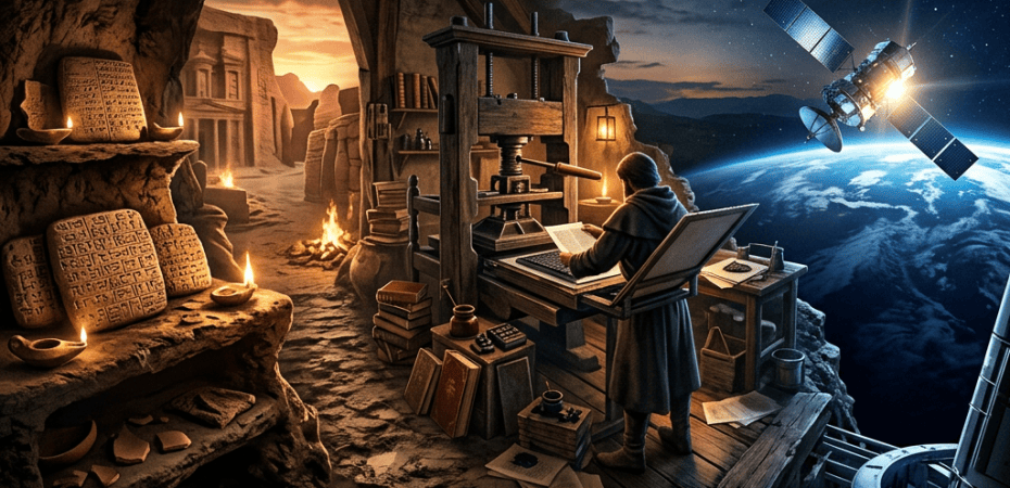 Scholar printing ancient inscriptions in a cave beside Earth and a satellite