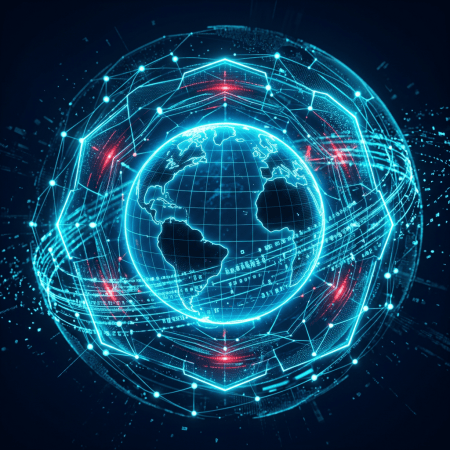 Glowing digital Earth surrounded by interconnected network lines and data points