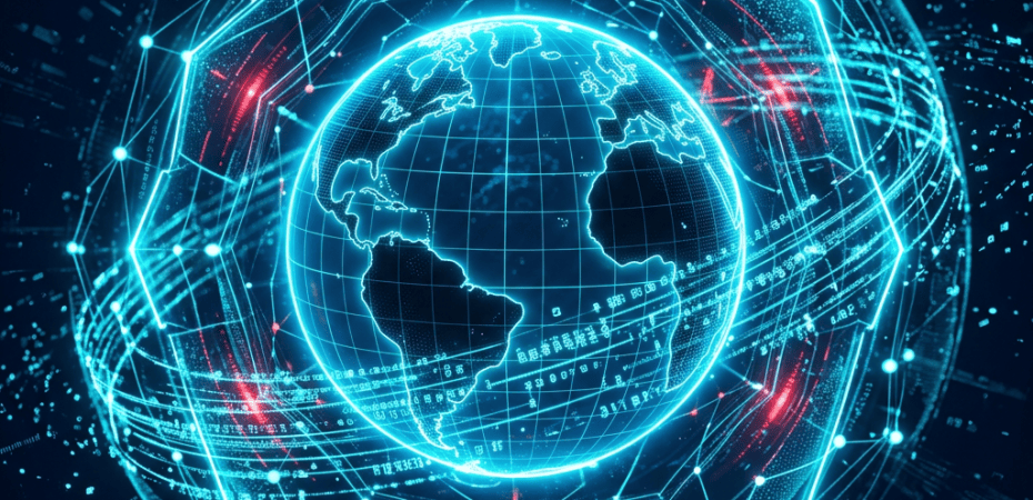 Glowing digital Earth surrounded by interconnected network lines and data points