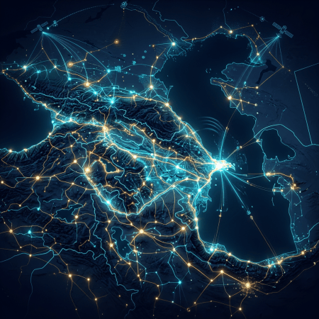 Stylized map of the Americas connected by glowing digital network lines