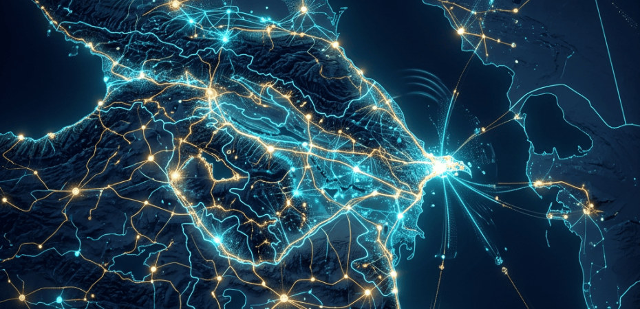 Stylized map of the Americas connected by glowing digital network lines