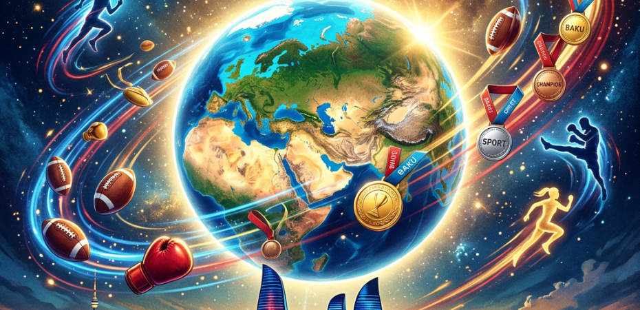 Globe above Baku skyline surrounded by athletes, sports equipment, medals, and text BAKU, SPORT, CHAMPION, ONLINE