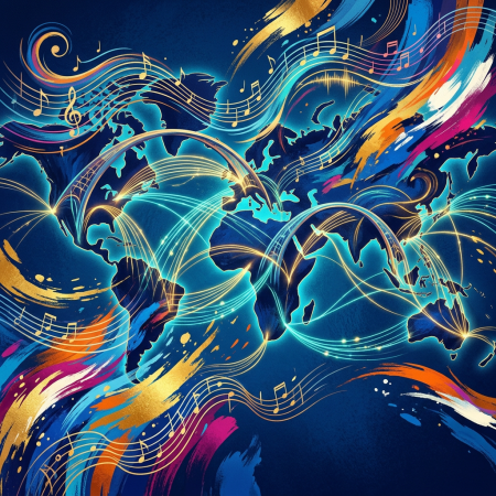 Stylized world map connected by glowing musical notes and lines