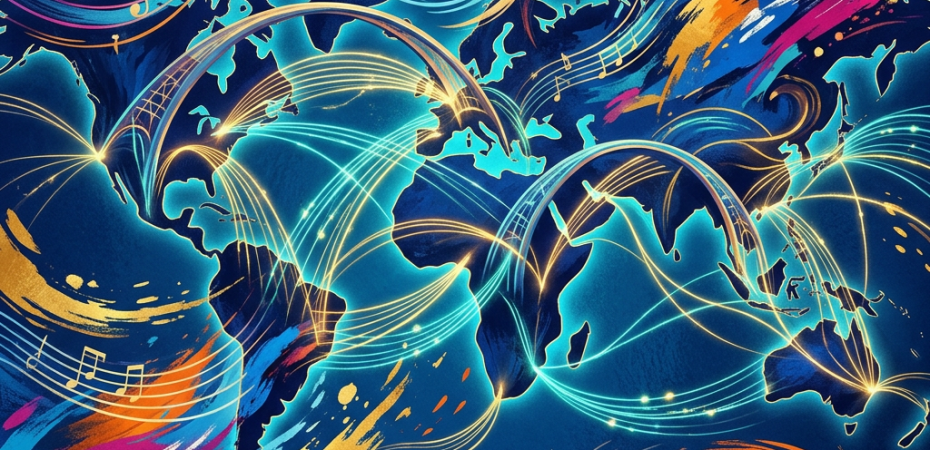 Stylized world map connected by glowing musical notes and lines