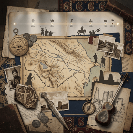 Historical map surrounded by artifacts, portraits, timeline, and architectural sketches