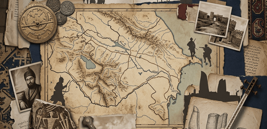 Historical map surrounded by artifacts, portraits, timeline, and architectural sketches