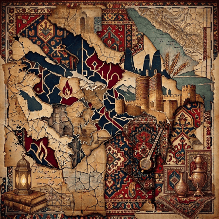 Collage of maps, Persian script, fortresses, textiles, mountains, and traditional figures