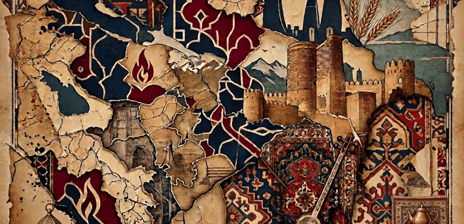 Collage of maps, Persian script, fortresses, textiles, mountains, and traditional figures