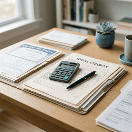 Social Security application forms with calculator and pen on desk